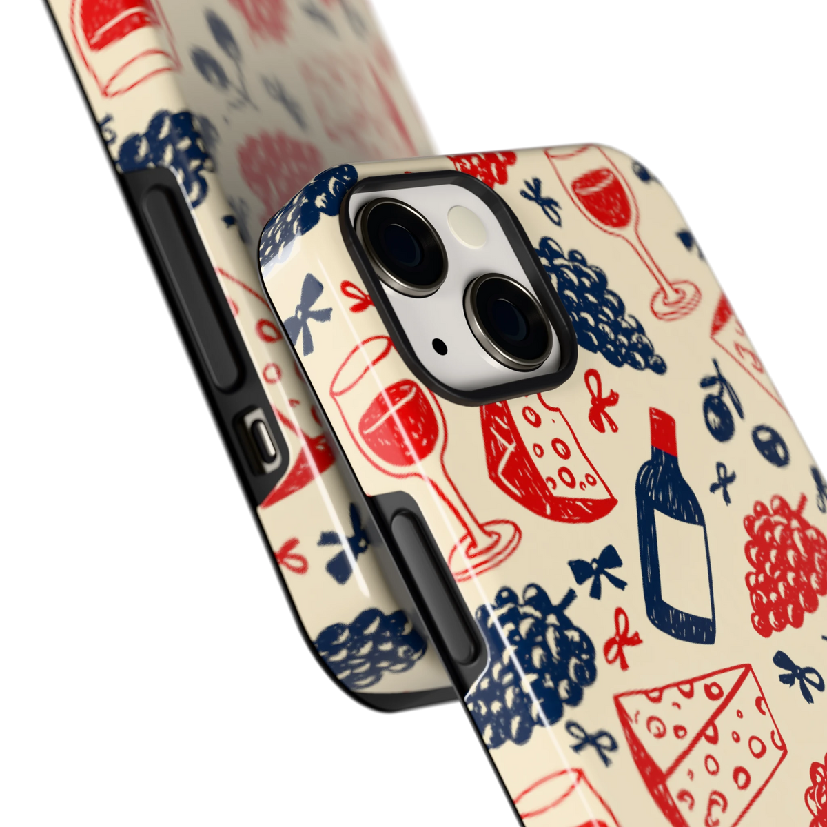 Wijn en Kaas Doodles hoesje voor iPhone 13, close-up