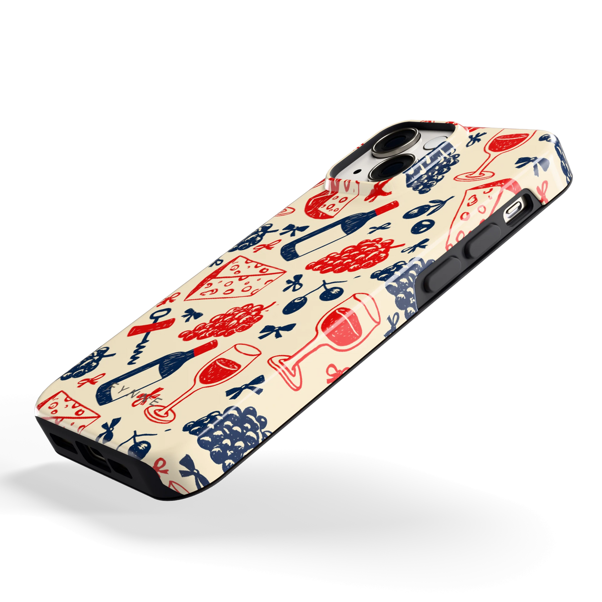 Wijn en Kaas Doodles hoesje voor iPhone 13 mini, schuin