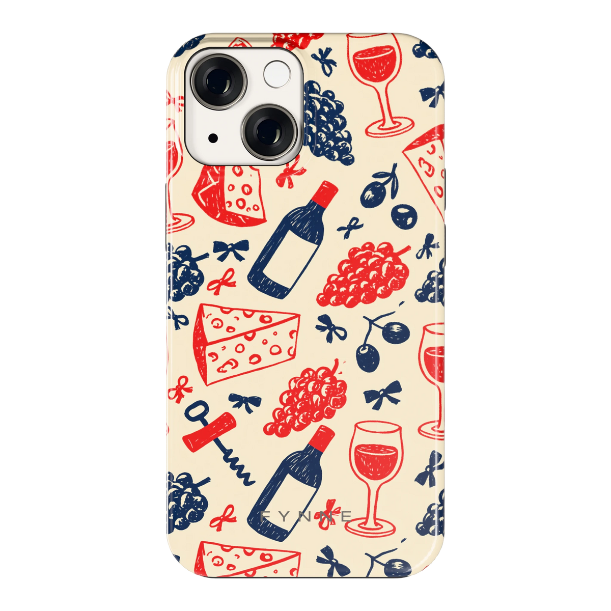 Wijn en Kaas Doodles hoesje voor iPhone 13 mini, achterkant