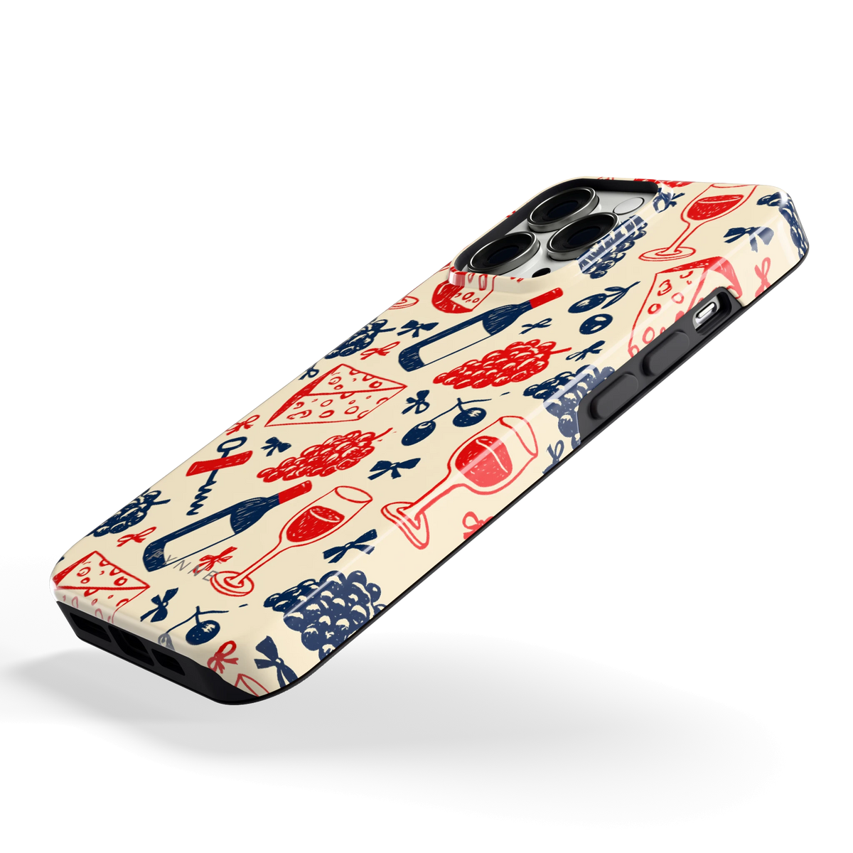 Wijn en Kaas Doodles hoesje voor iPhone 13 Pro, schuin