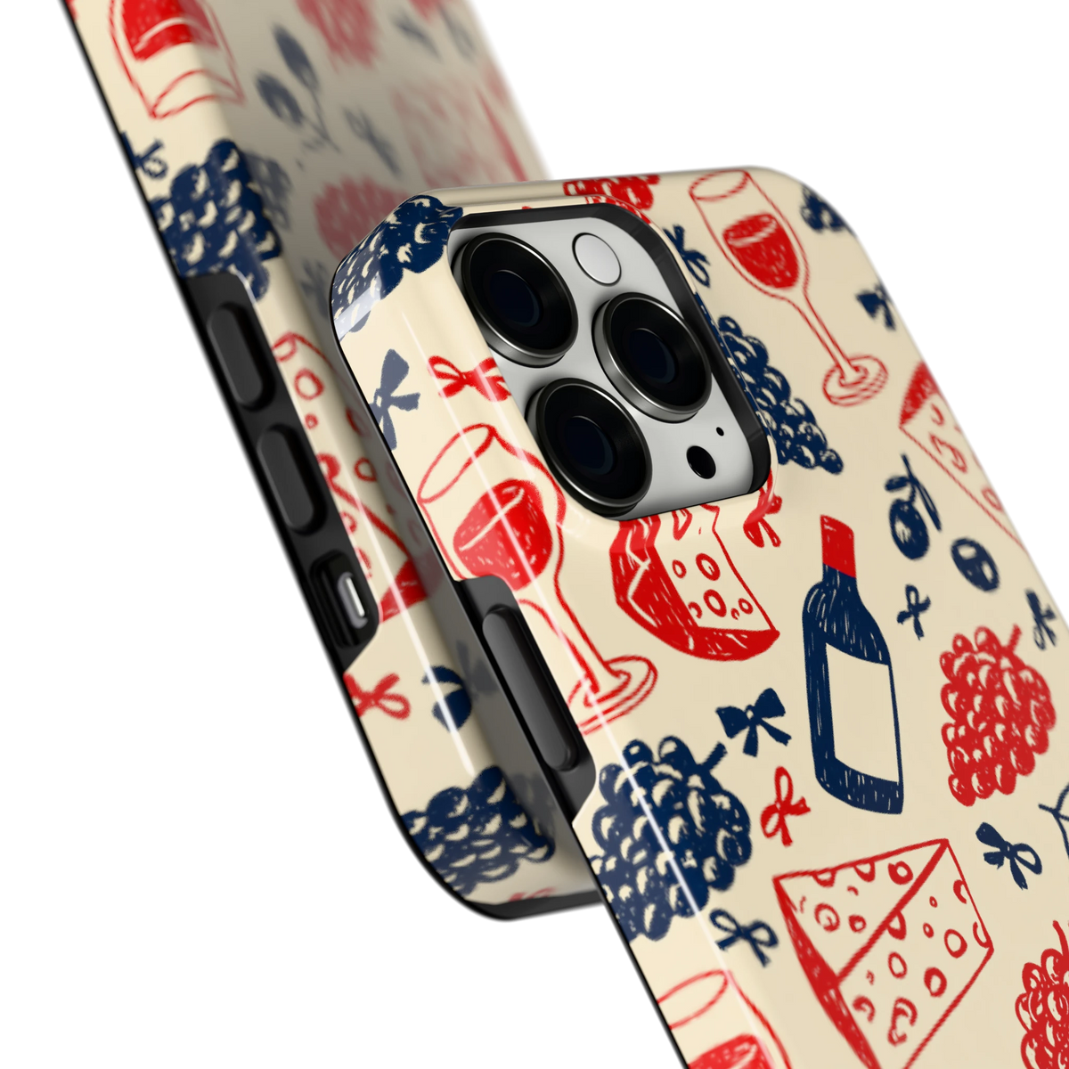 Wijn en Kaas Doodles hoesje voor iPhone 13 Pro Max, close-up