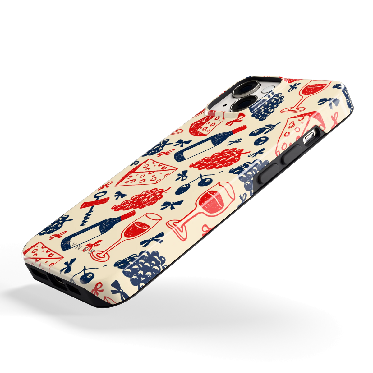 Wijn en Kaas Doodles hoesje voor iPhone 14, schuin