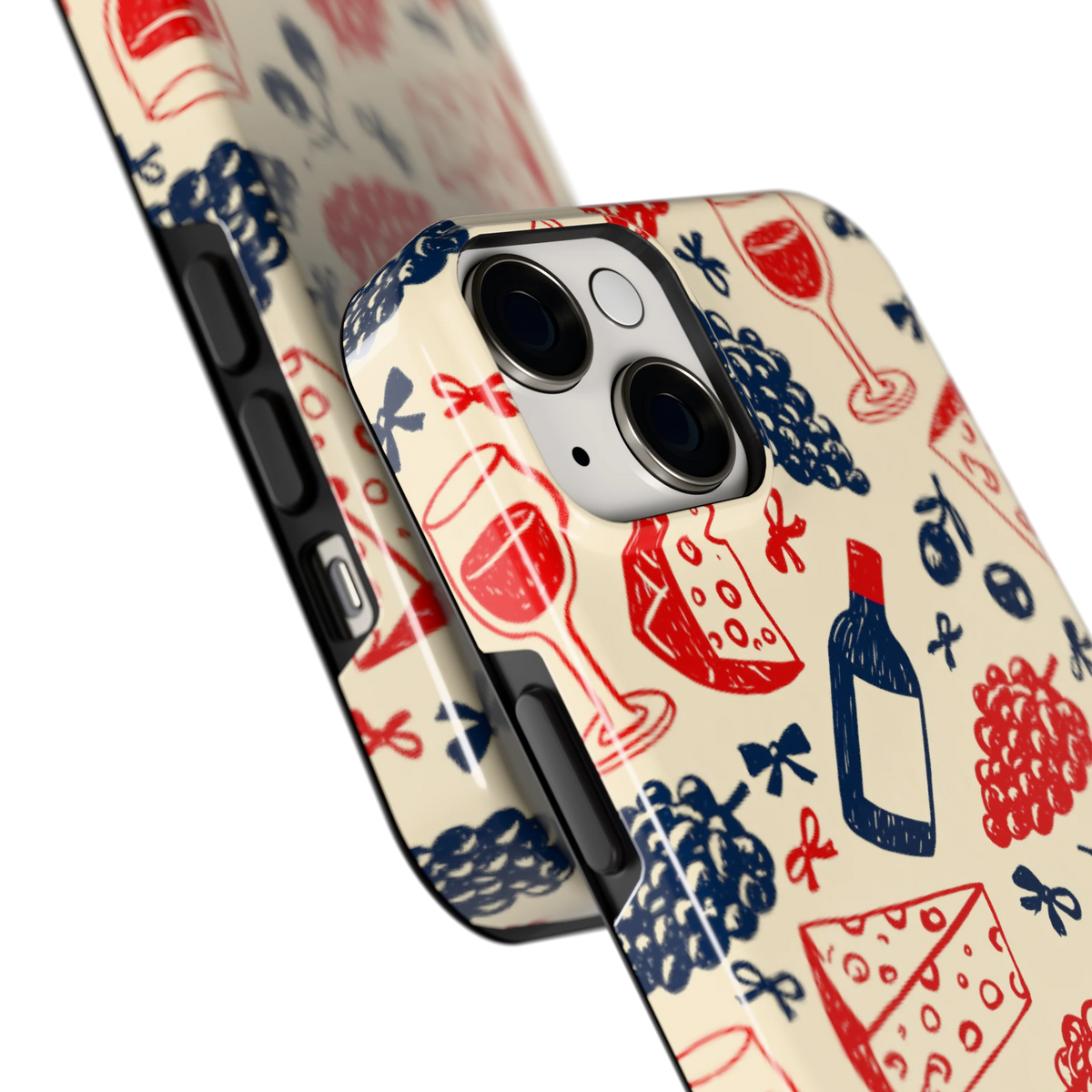 Wijn en Kaas Doodles hoesje voor iPhone 14, close-up