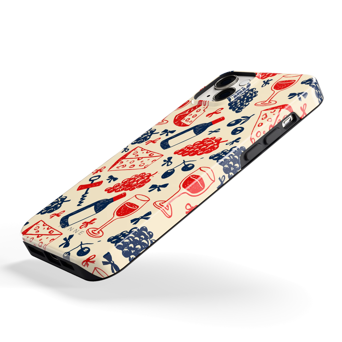 Wijn en Kaas Doodles hoesje voor iPhone 14 Plus, schuin