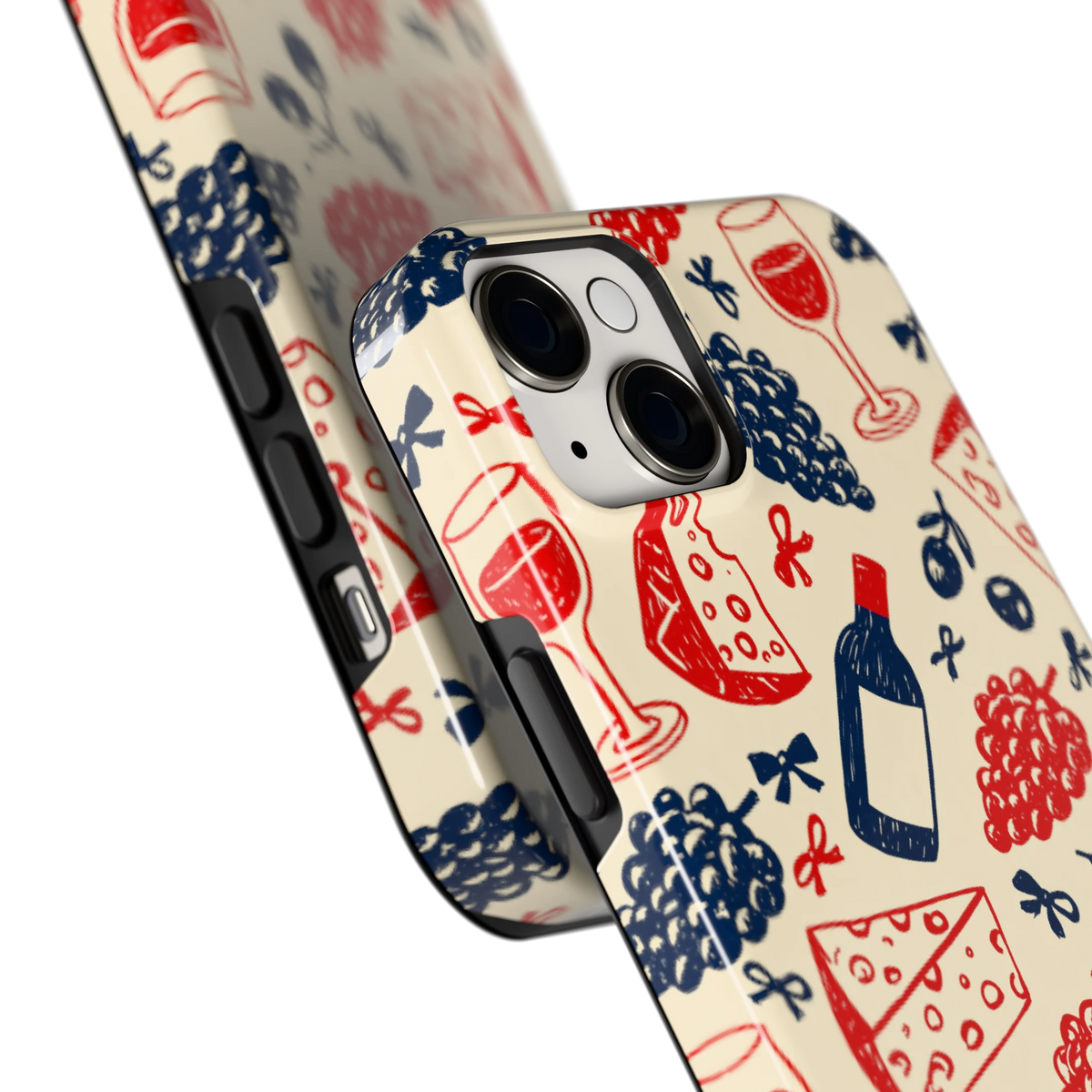 Wijn en Kaas Doodles hoesje voor iPhone 14 Plus, close-up