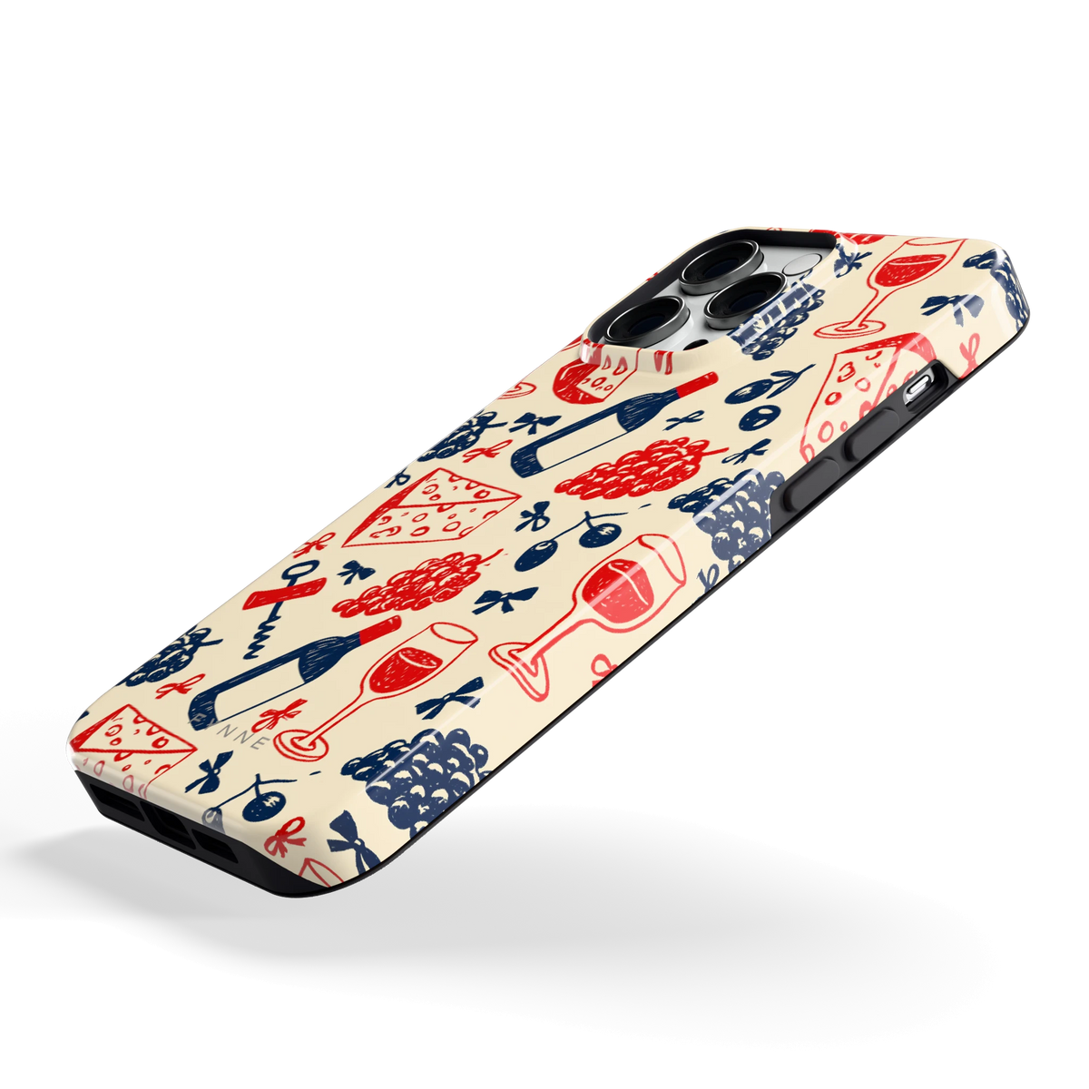 Wijn en Kaas Doodles hoesje voor iPhone 14 Pro Max, schuin