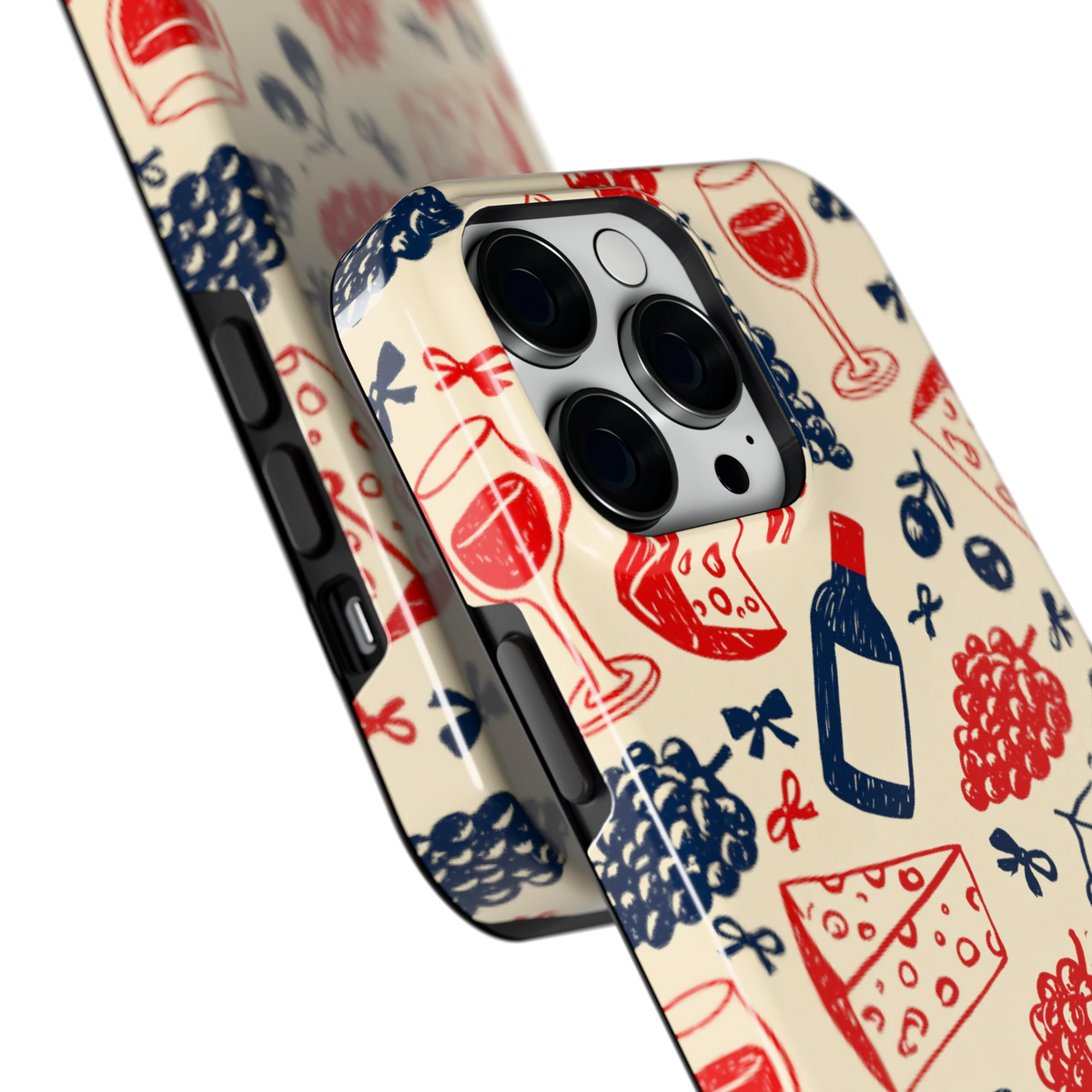 Wijn en Kaas Doodles hoesje voor iPhone 14 Pro Max, close-up