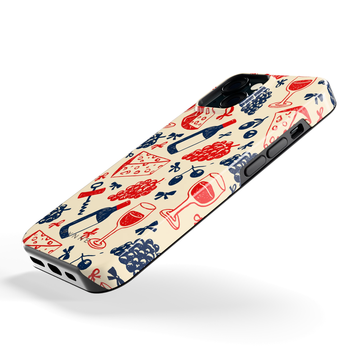 Wijn en Kaas Doodles hoesje voor iPhone 15, schuin