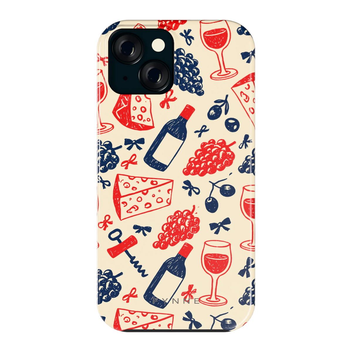 Wijn en Kaas Doodles hoesje voor iPhone 15, achterkant
