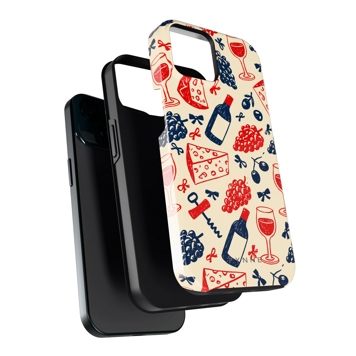 Wijn en Kaas Doodles hoesje voor iPhone 15, los van de telefoon