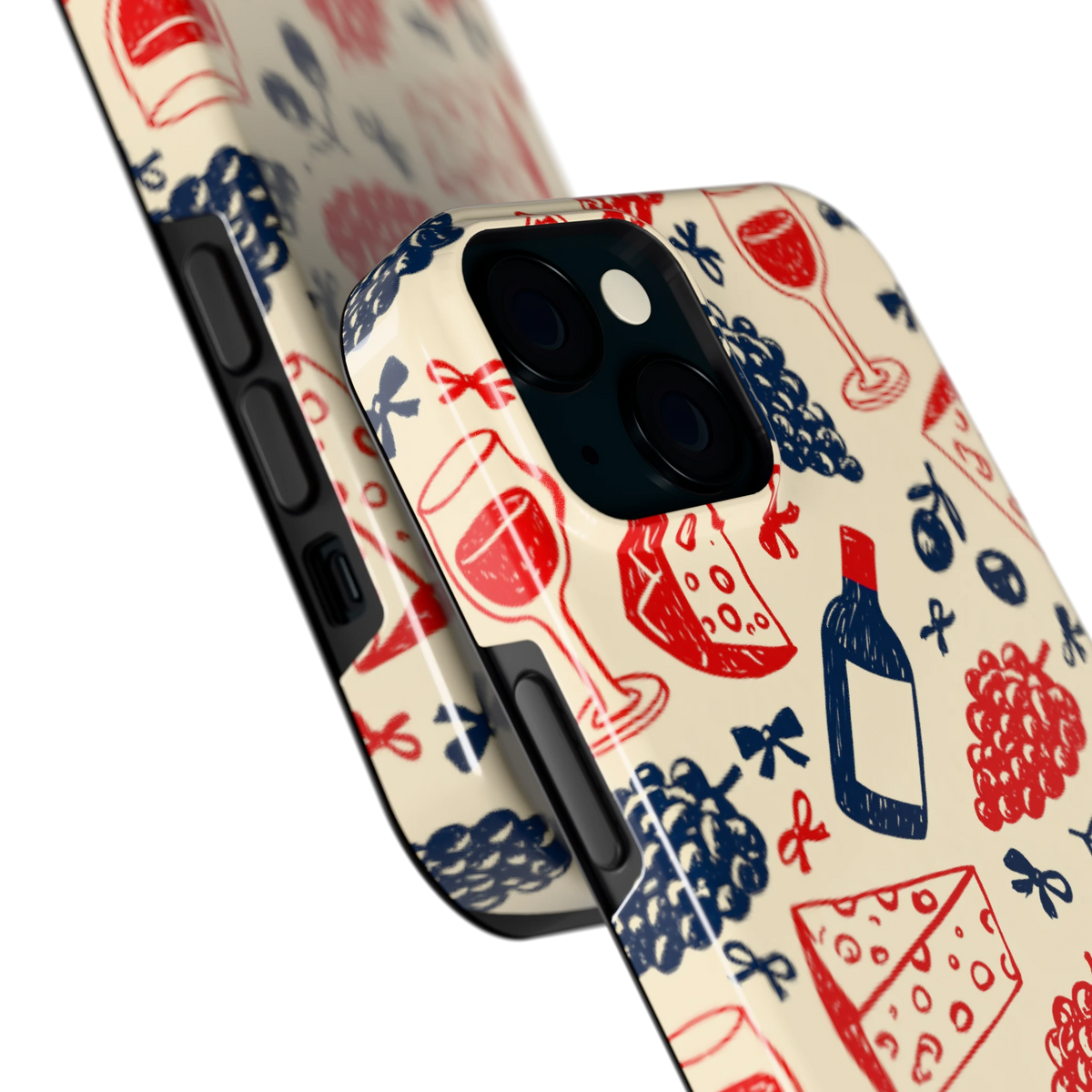 Wijn en Kaas Doodles hoesje voor iPhone 15, close-up