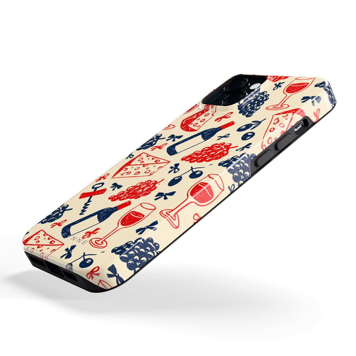 Wijn en Kaas Doodles hoesje voor iPhone 15 Plus, schuin