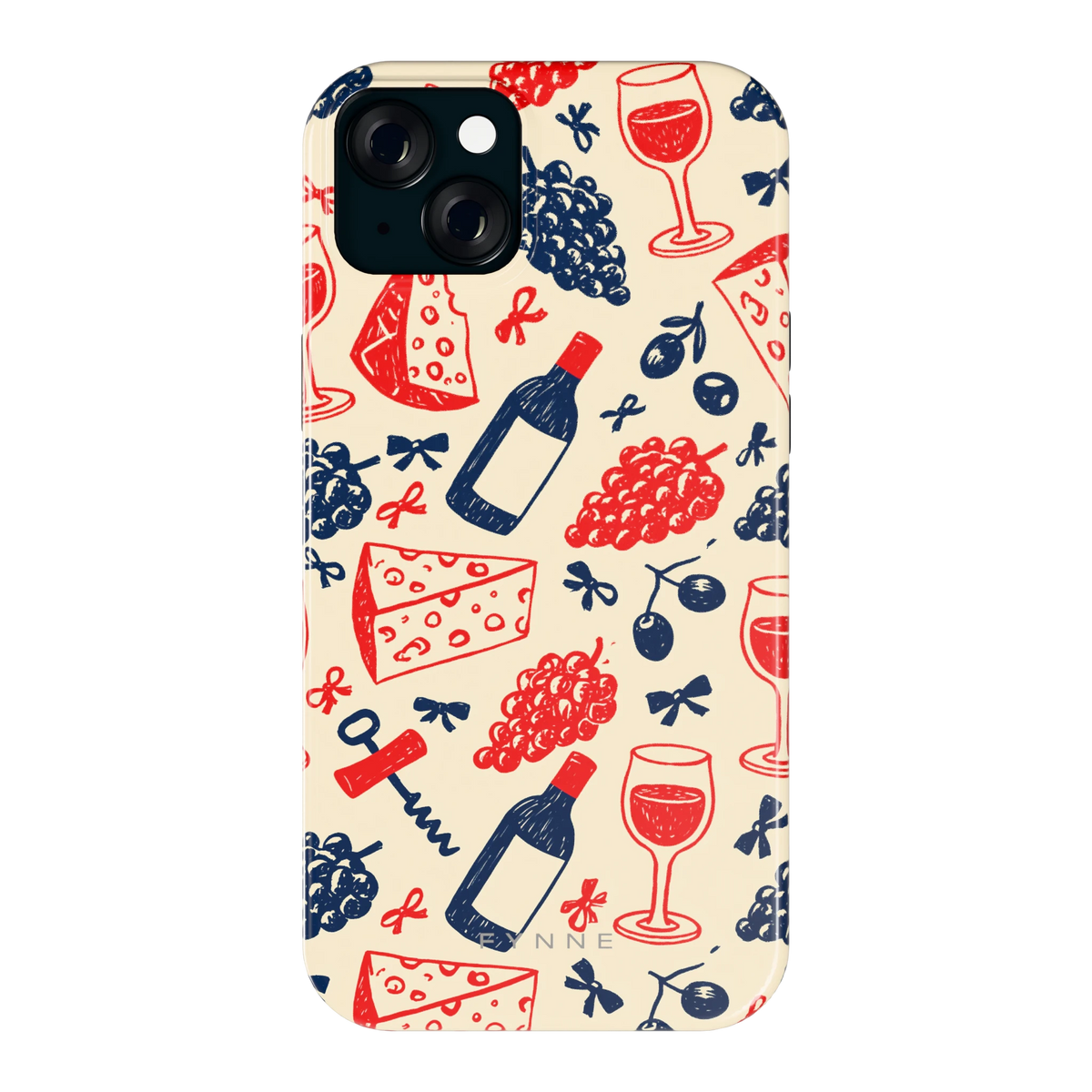 Wijn en Kaas Doodles hoesje voor iPhone 15 Plus, achterkant