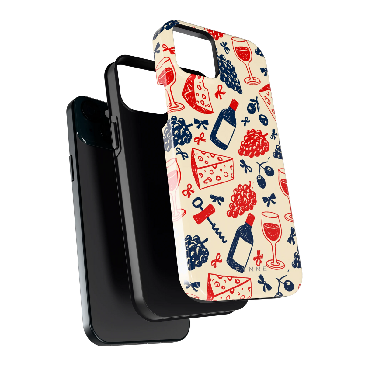Wijn en Kaas Doodles hoesje voor iPhone 15 Plus, los van de telefoon