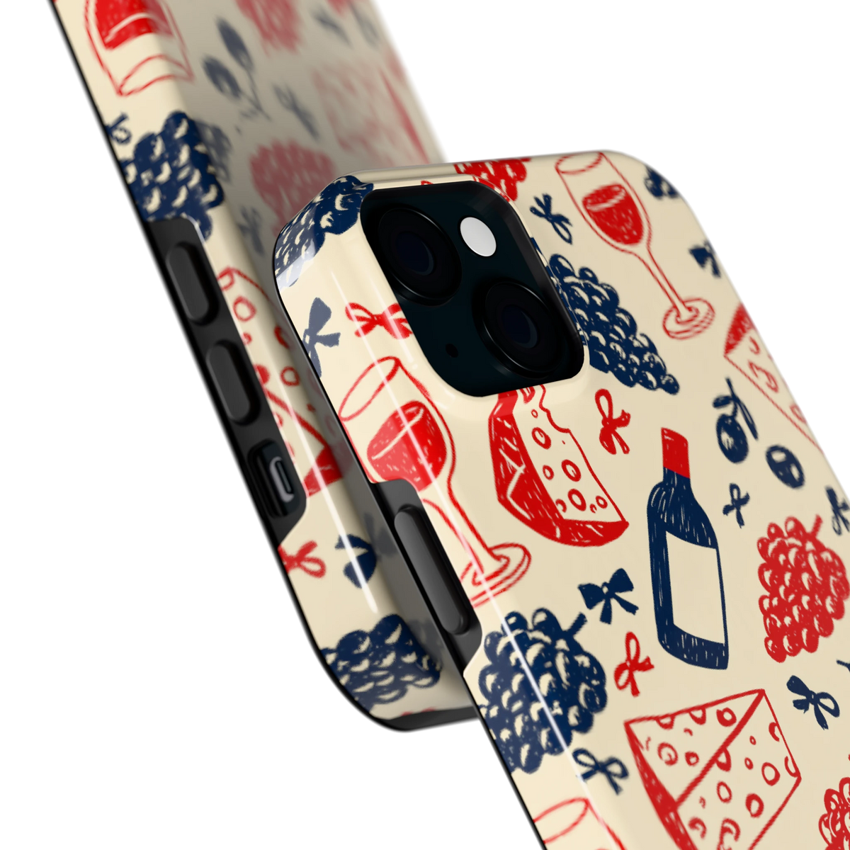 Wijn en Kaas Doodles hoesje voor iPhone 15 Plus, close-up