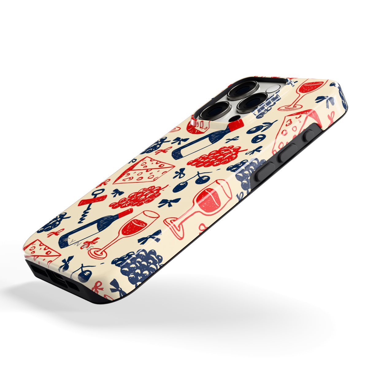 Wijn en Kaas Doodles hoesje voor iPhone 15 Pro, schuin