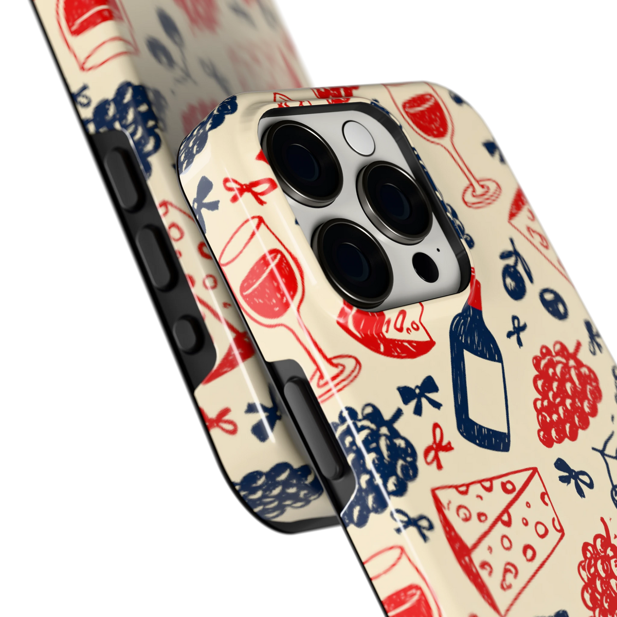 Wijn en Kaas Doodles hoesje voor iPhone 15 Pro, close-up