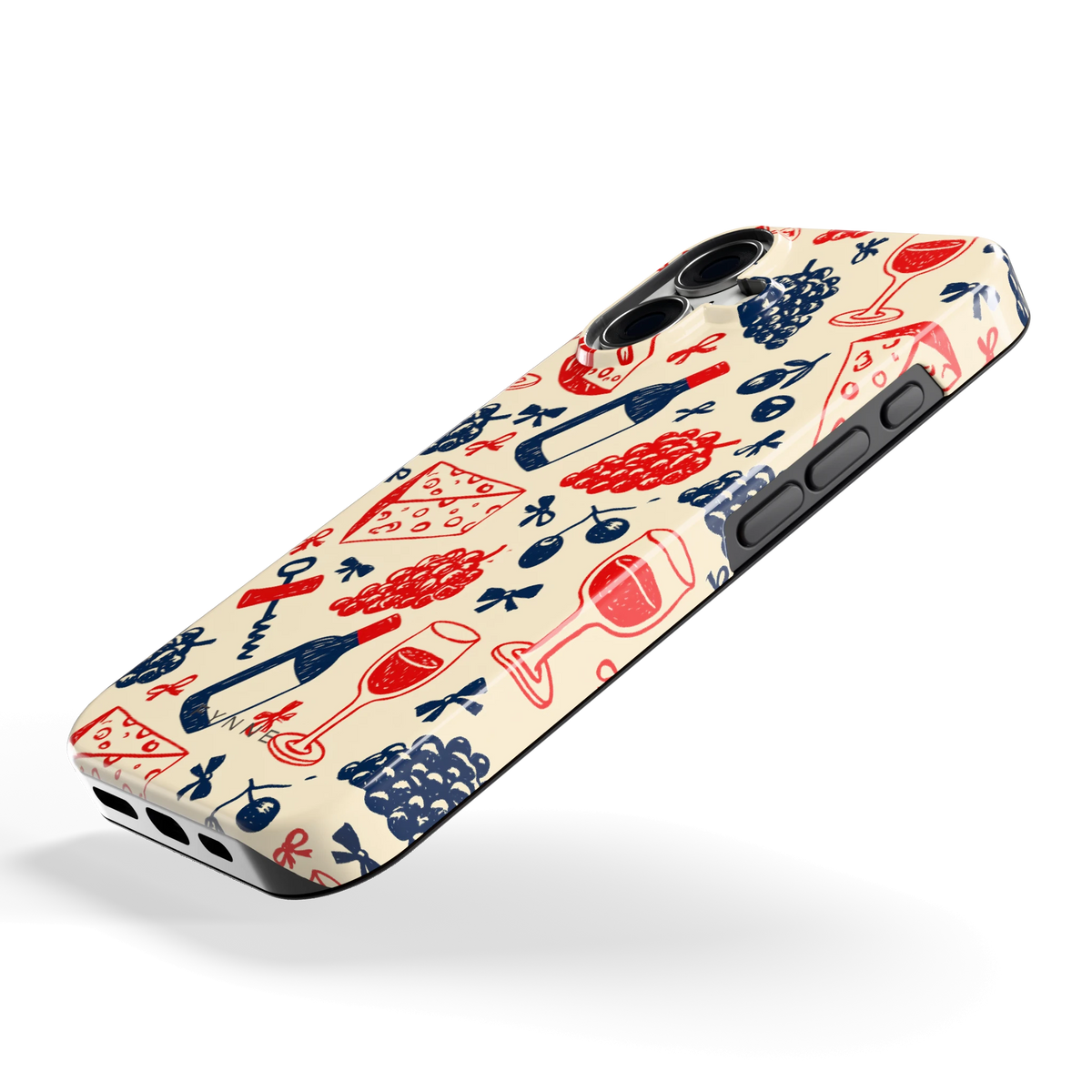 Wijn en Kaas Doodles hoesje voor iPhone 16, schuin