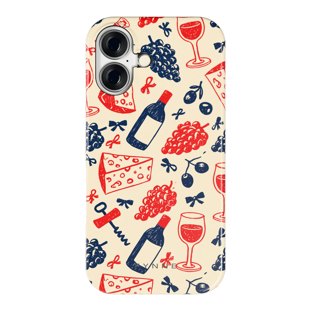 Wijn en Kaas Doodles hoesje voor iPhone 16, achterkant