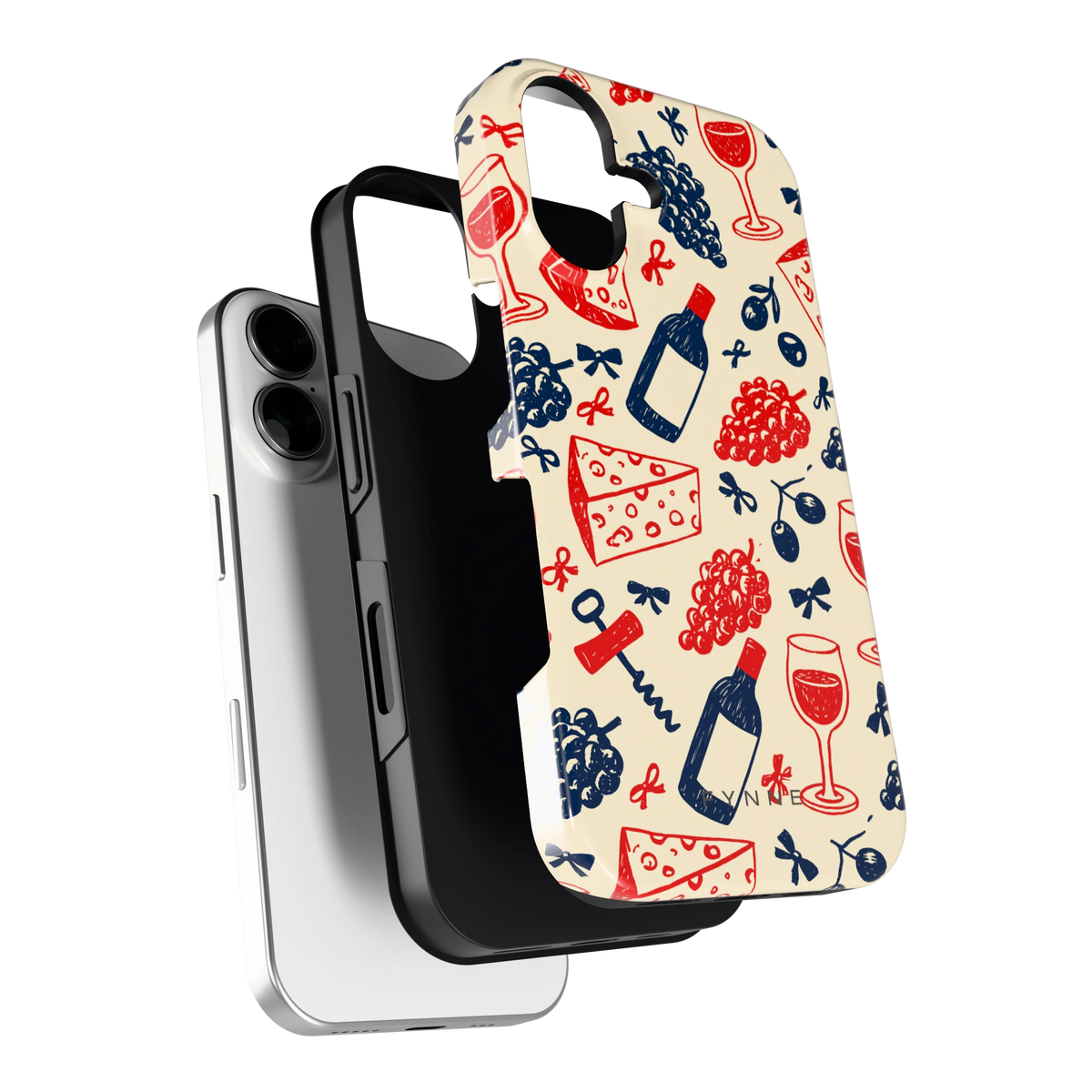Wijn en Kaas Doodles hoesje voor iPhone 16, los van de telefoon