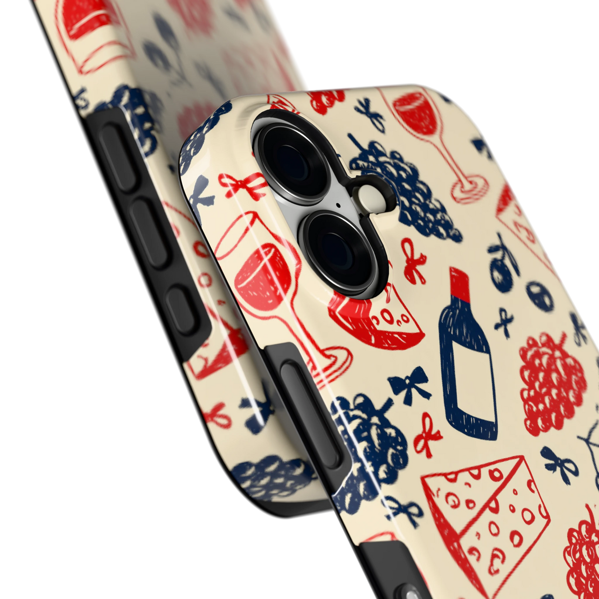 Wijn en Kaas Doodles hoesje voor iPhone 16, close-up