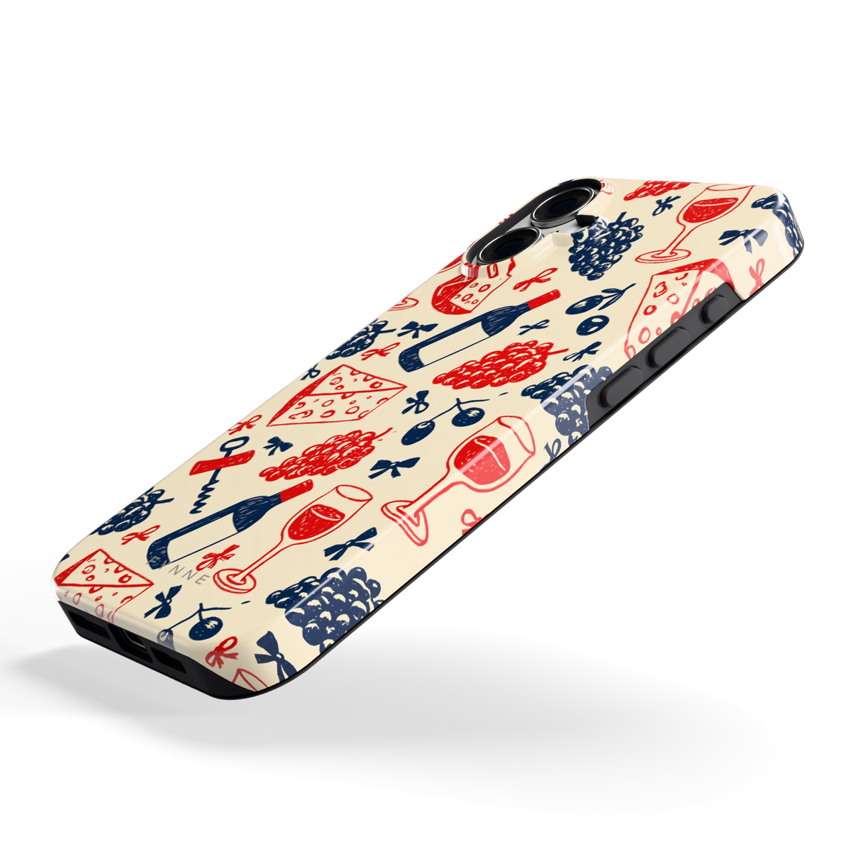 Wijn en Kaas Doodles hoesje voor iPhone 16 Plus, schuin