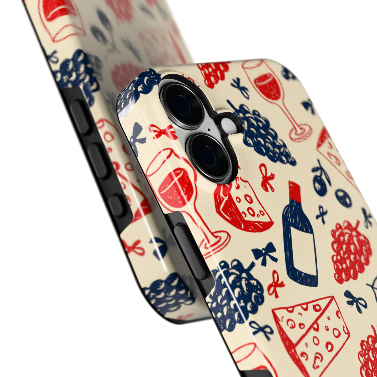 Wijn en Kaas Doodles hoesje voor iPhone 16 Plus, close-up