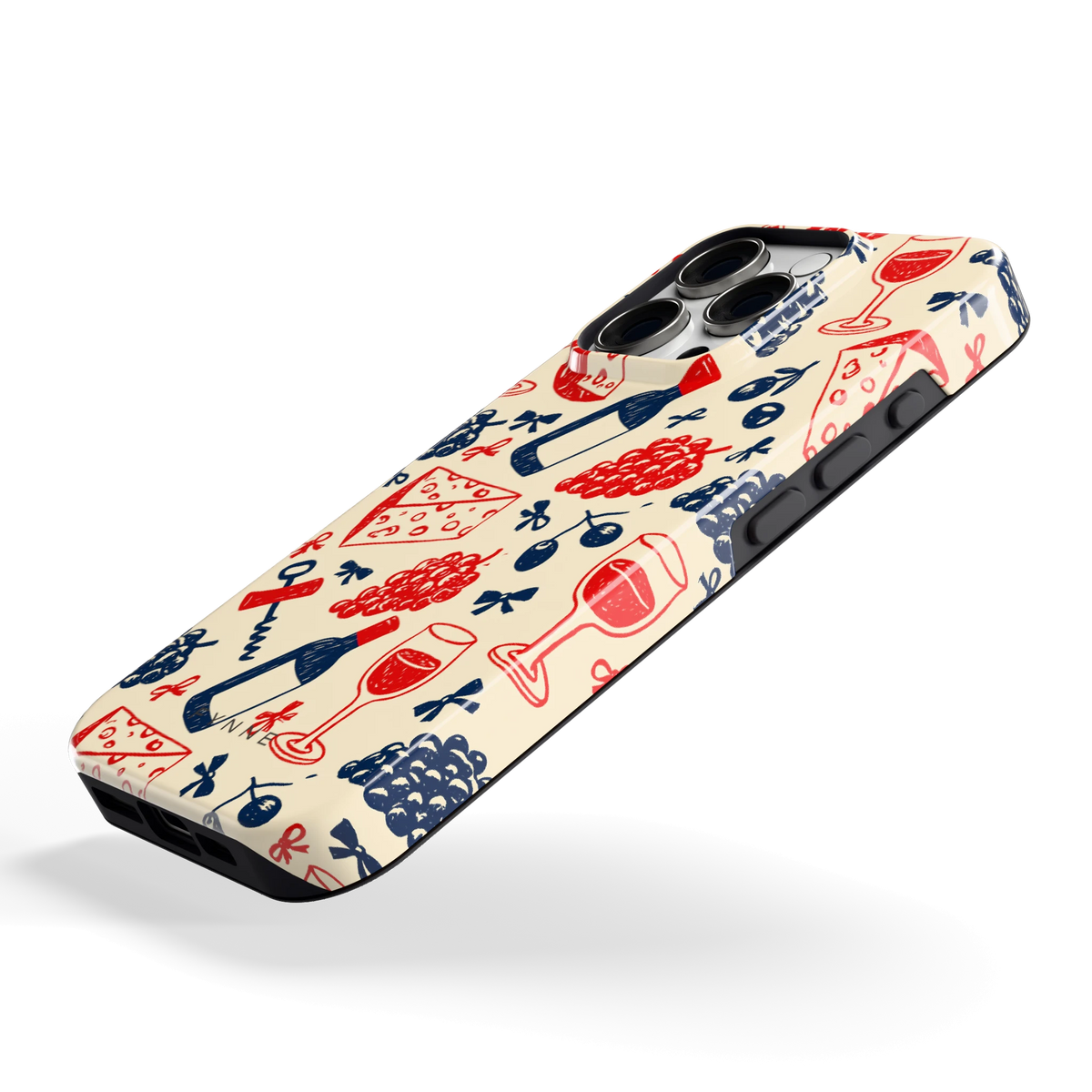 Wijn en Kaas Doodles hoesje voor iPhone 16 Pro, schuin