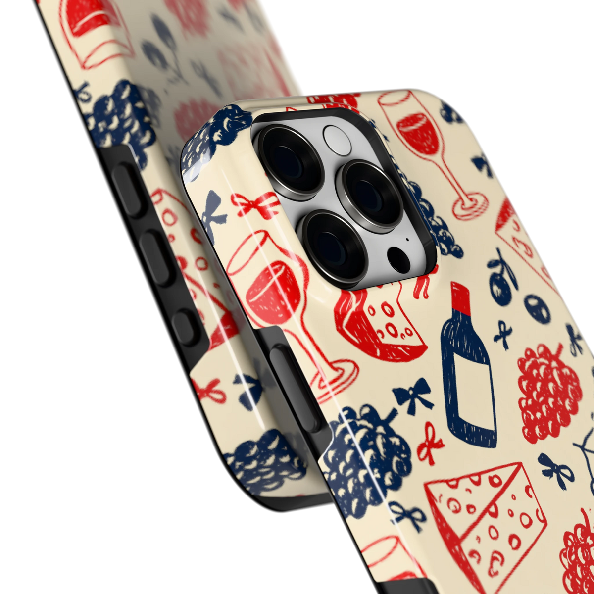 Wijn en Kaas Doodles hoesje voor iPhone 16 Pro Max, close-up
