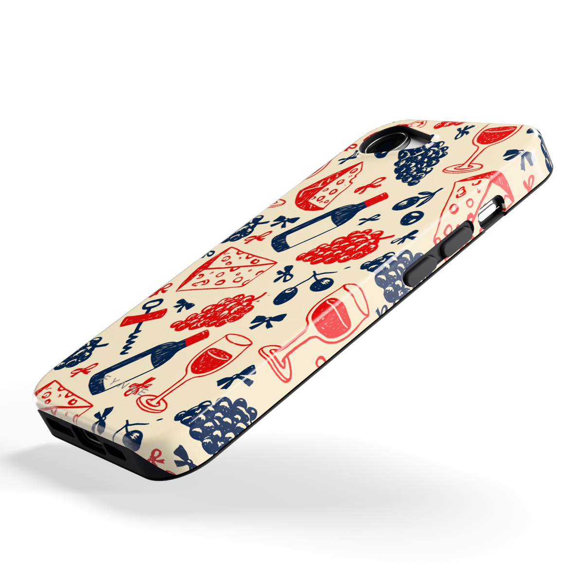 Wijn en Kaas Doodles hoesje voor iPhone 16e, schuin
