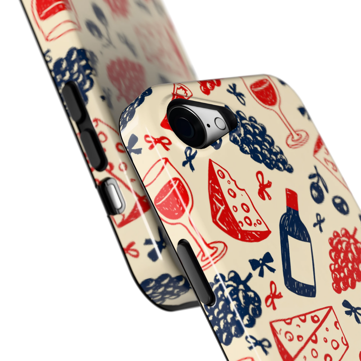 Wijn en Kaas Doodles hoesje voor iPhone 16e, close-up