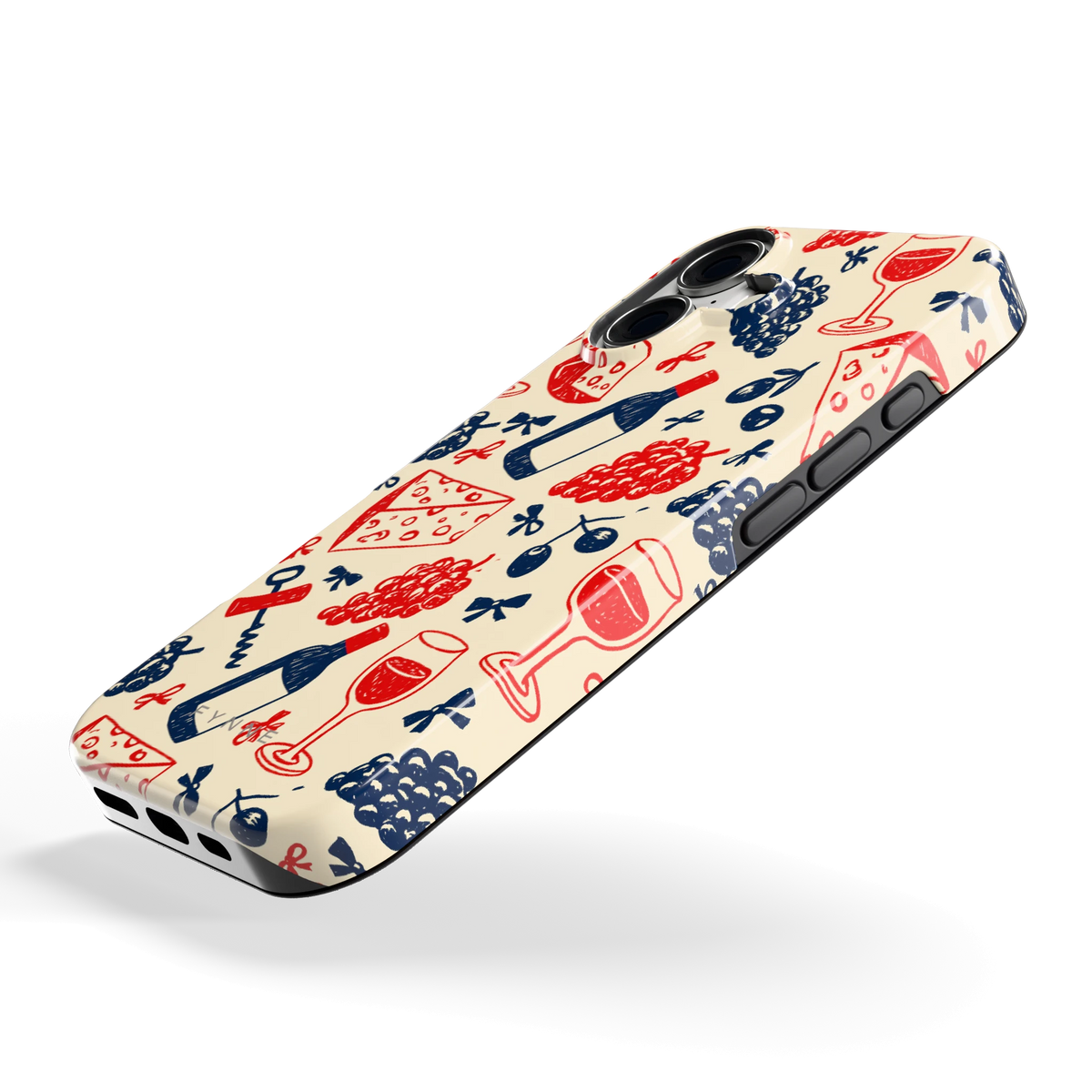 Wijn en Kaas Doodles hoesje voor iPhone 17, schuin