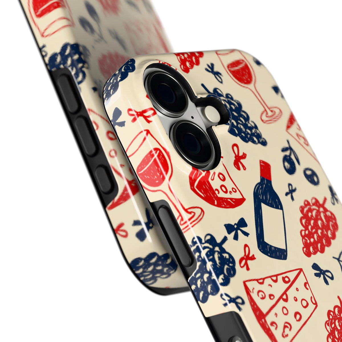 Wijn en Kaas Doodles hoesje voor iPhone 17, close-up