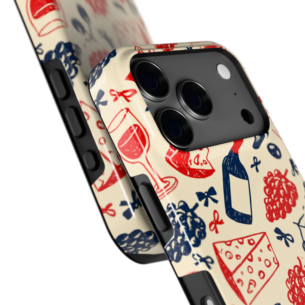 Wijn en Kaas Doodles hoesje voor iPhone 17 Pro, close-up