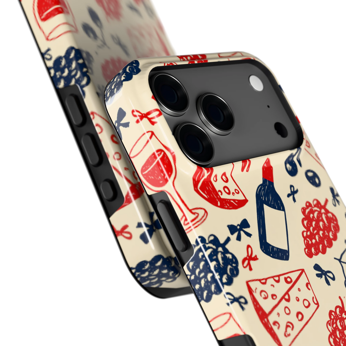 Wijn en Kaas Doodles hoesje voor iPhone 17 Pro Max, close-up
