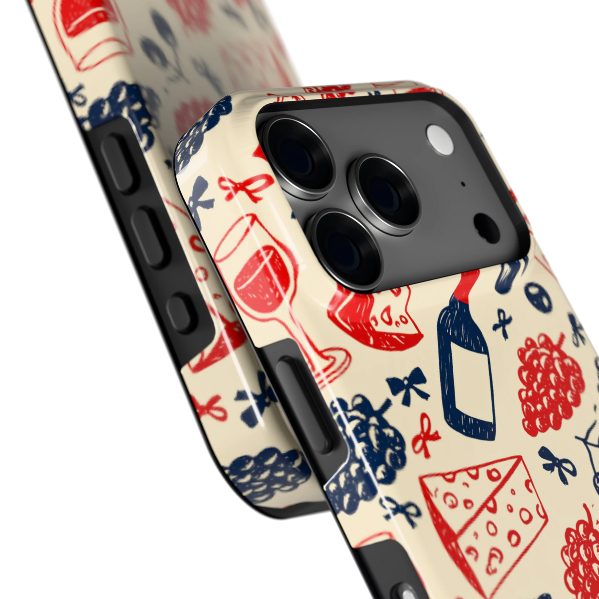 Wijn en Kaas Doodles hoesje voor iPhone 18 Pro, close-up