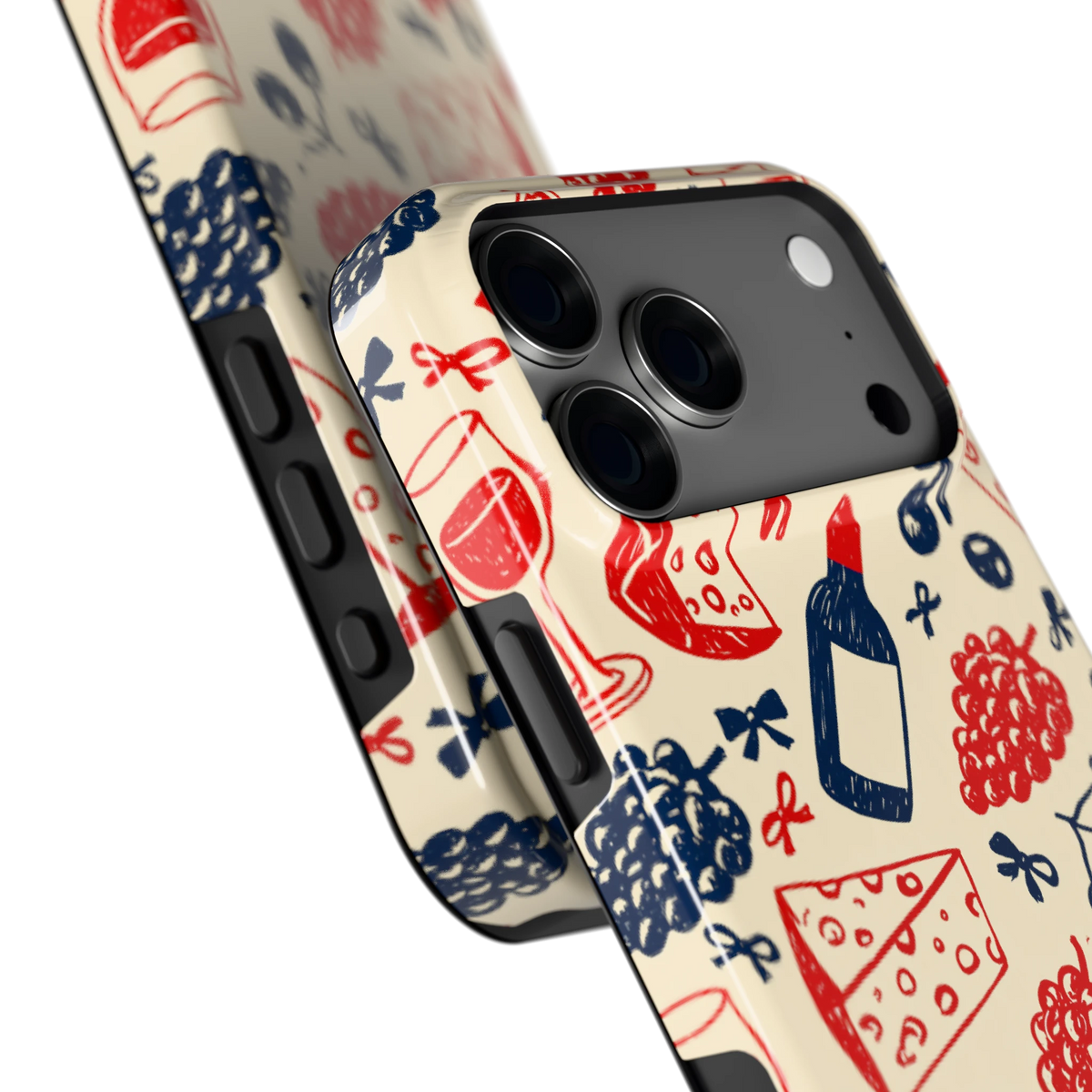 Wijn en Kaas Doodles hoesje voor iPhone 18 Pro Max, close-up