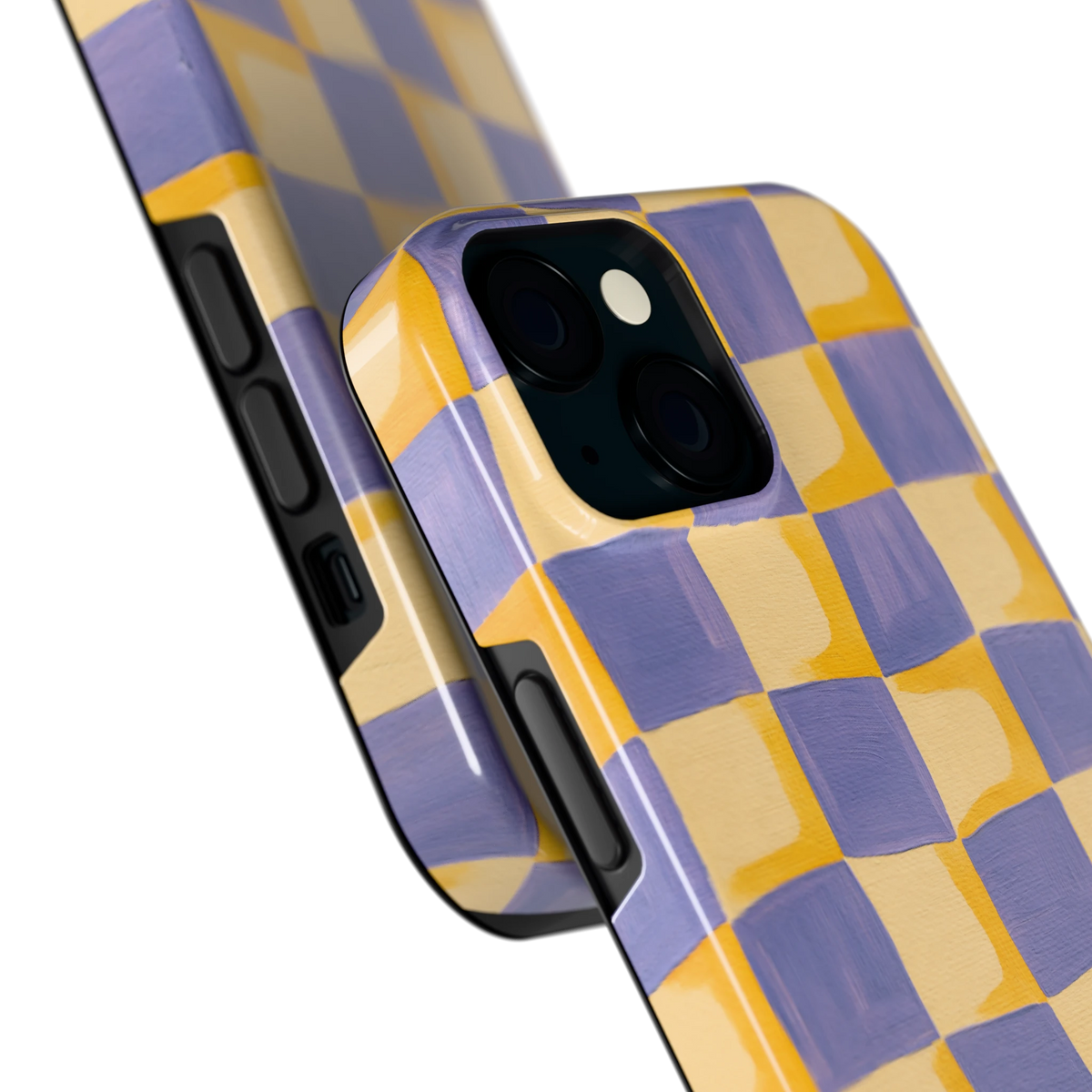Golvend Dambord hoesje voor iPhone 15, close-up