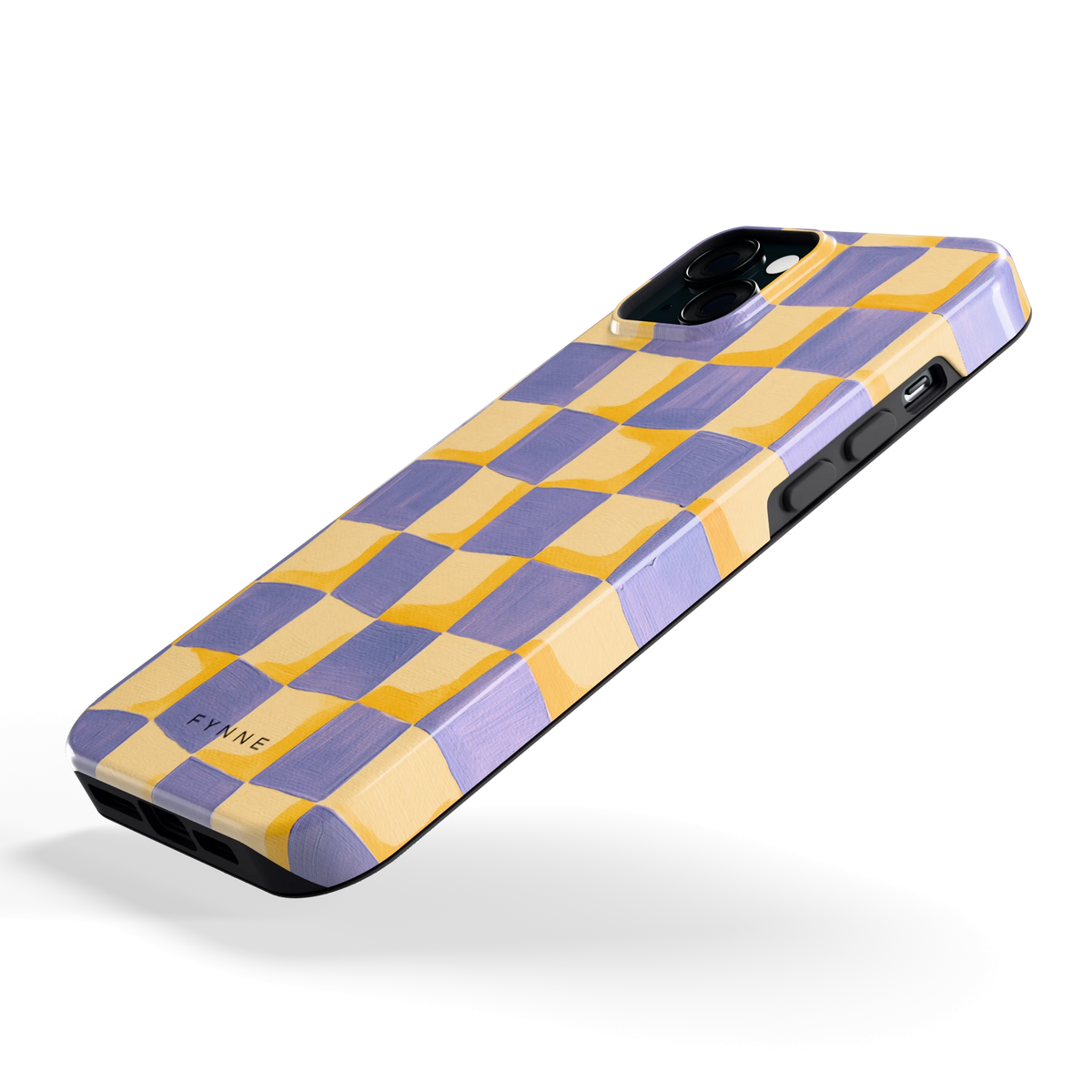 Golvend Dambord hoesje voor iPhone 15 Plus, schuin