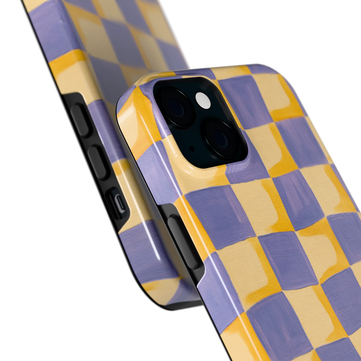 Golvend Dambord hoesje voor iPhone 15 Plus, close-up