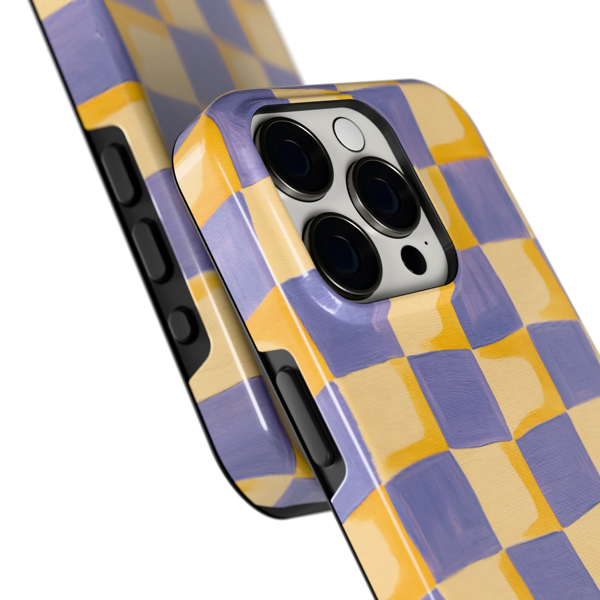 Golvend Dambord hoesje voor iPhone 15 Pro, close-up