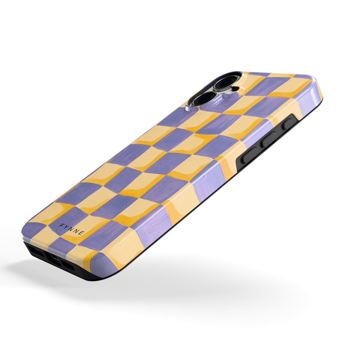 Golvend Dambord hoesje voor iPhone 16 Plus, schuin