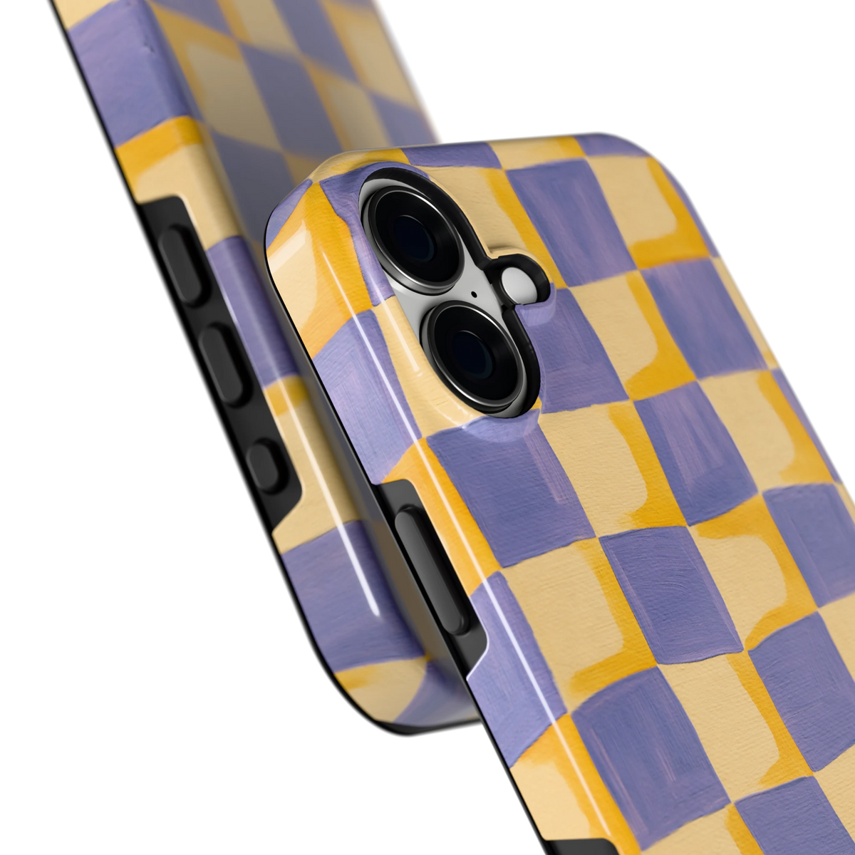 Golvend Dambord hoesje voor iPhone 16 Plus, close-up