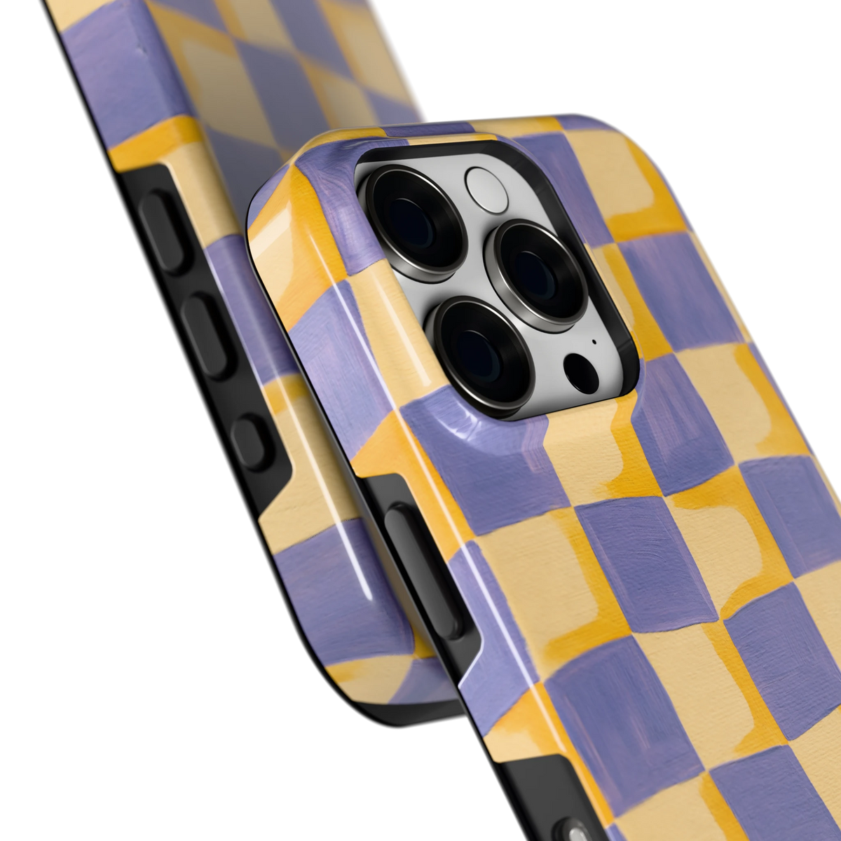 Golvend Dambord hoesje voor iPhone 16 Pro, close-up