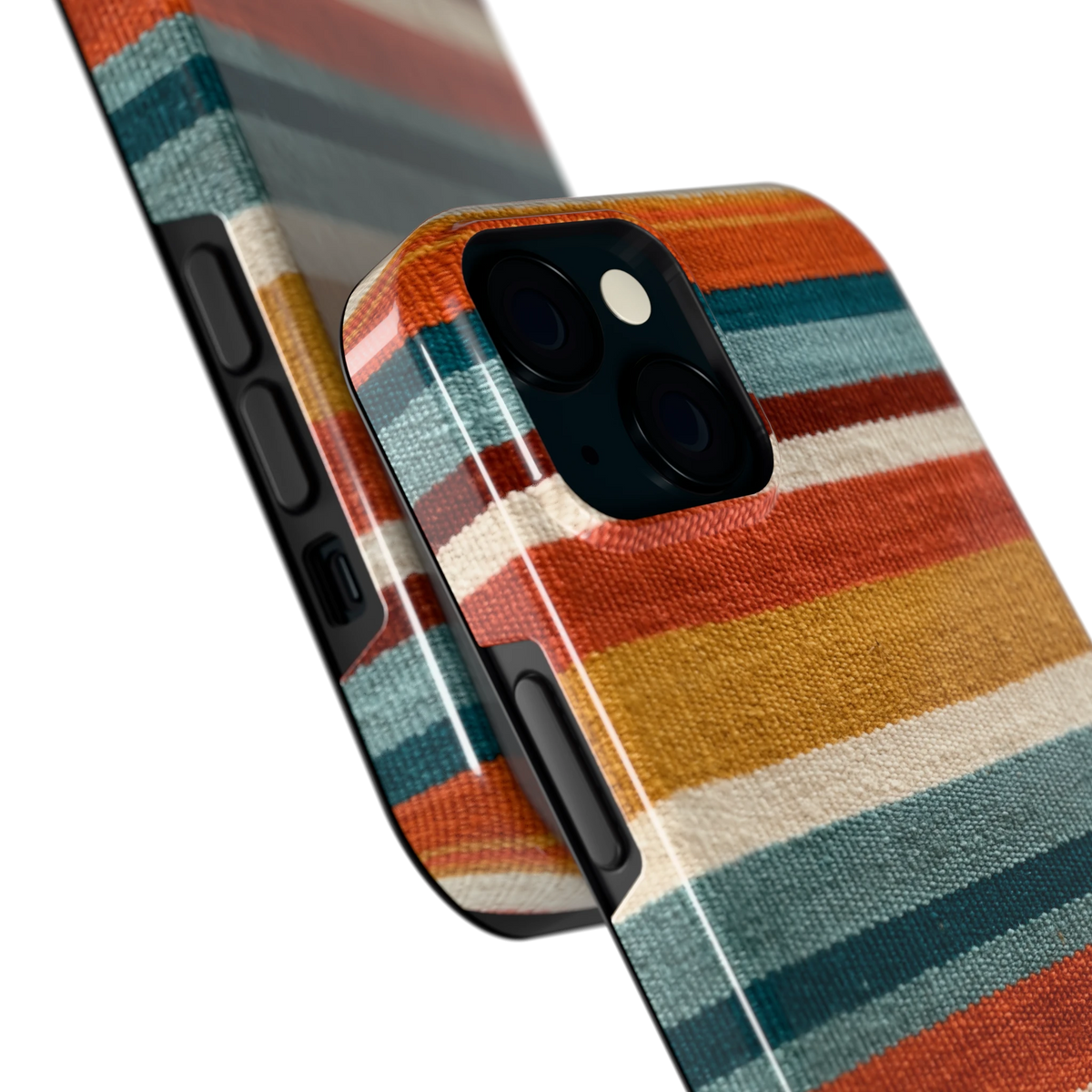 Strepen met weeflook hoesje voor iPhone 15, close-up