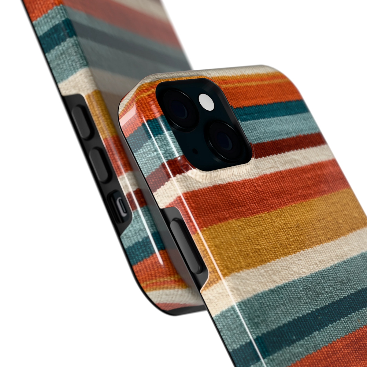 Strepen met weeflook hoesje voor iPhone 15 Plus, close-up