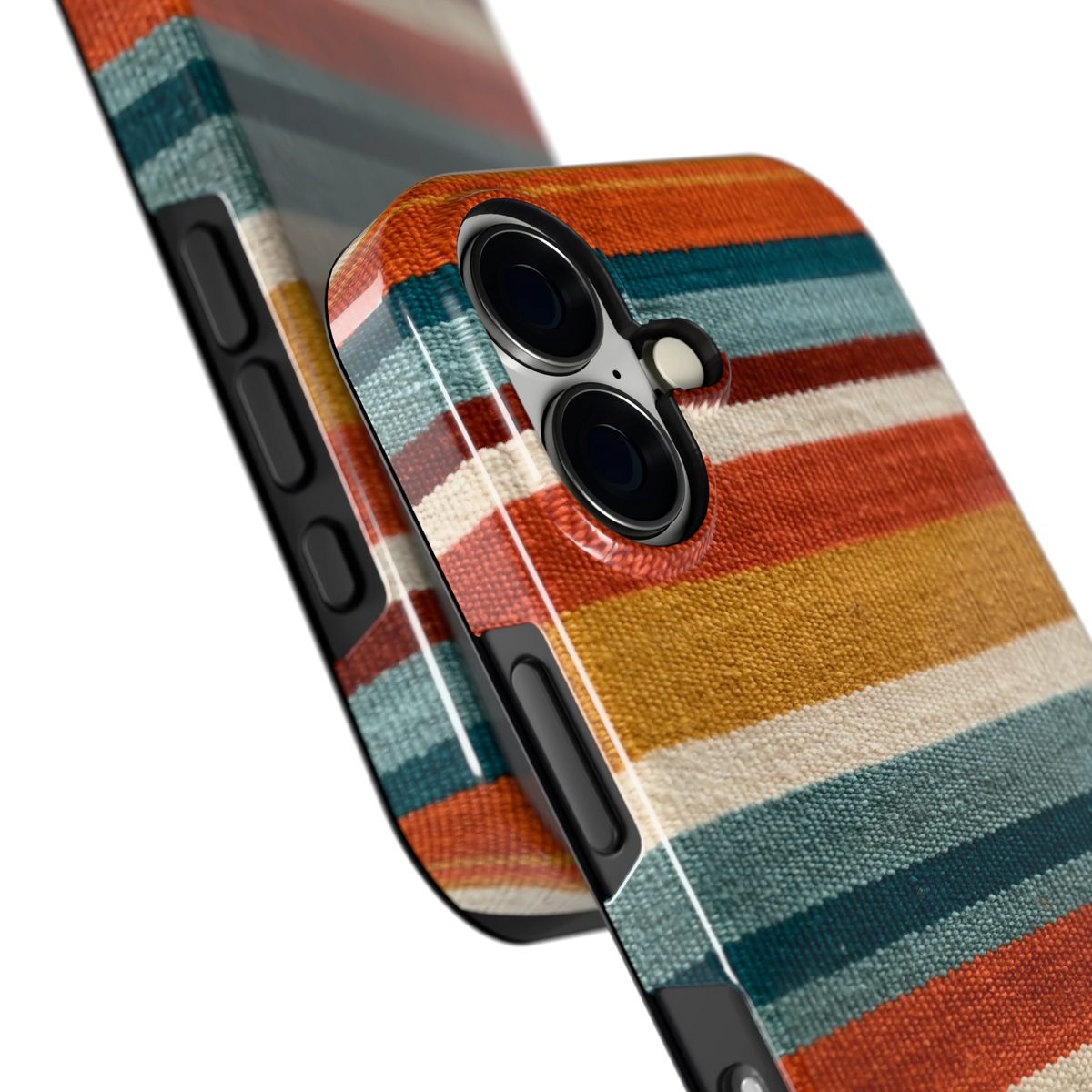 Strepen met weeflook hoesje voor iPhone 16, close-up
