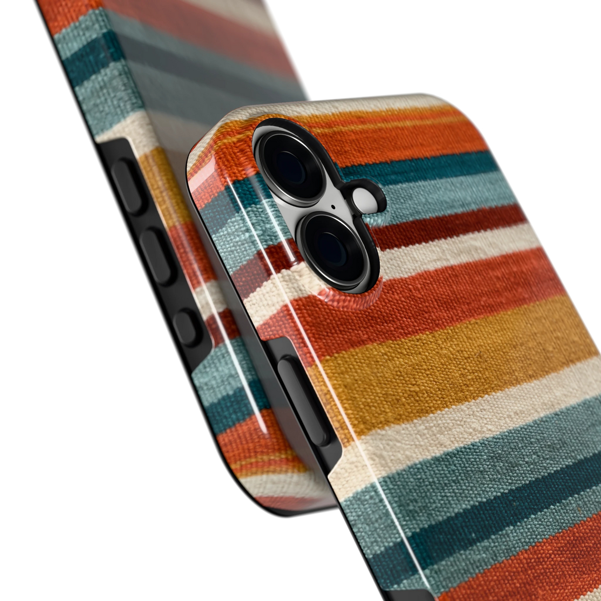 Strepen met weeflook hoesje voor iPhone 16 Plus, close-up