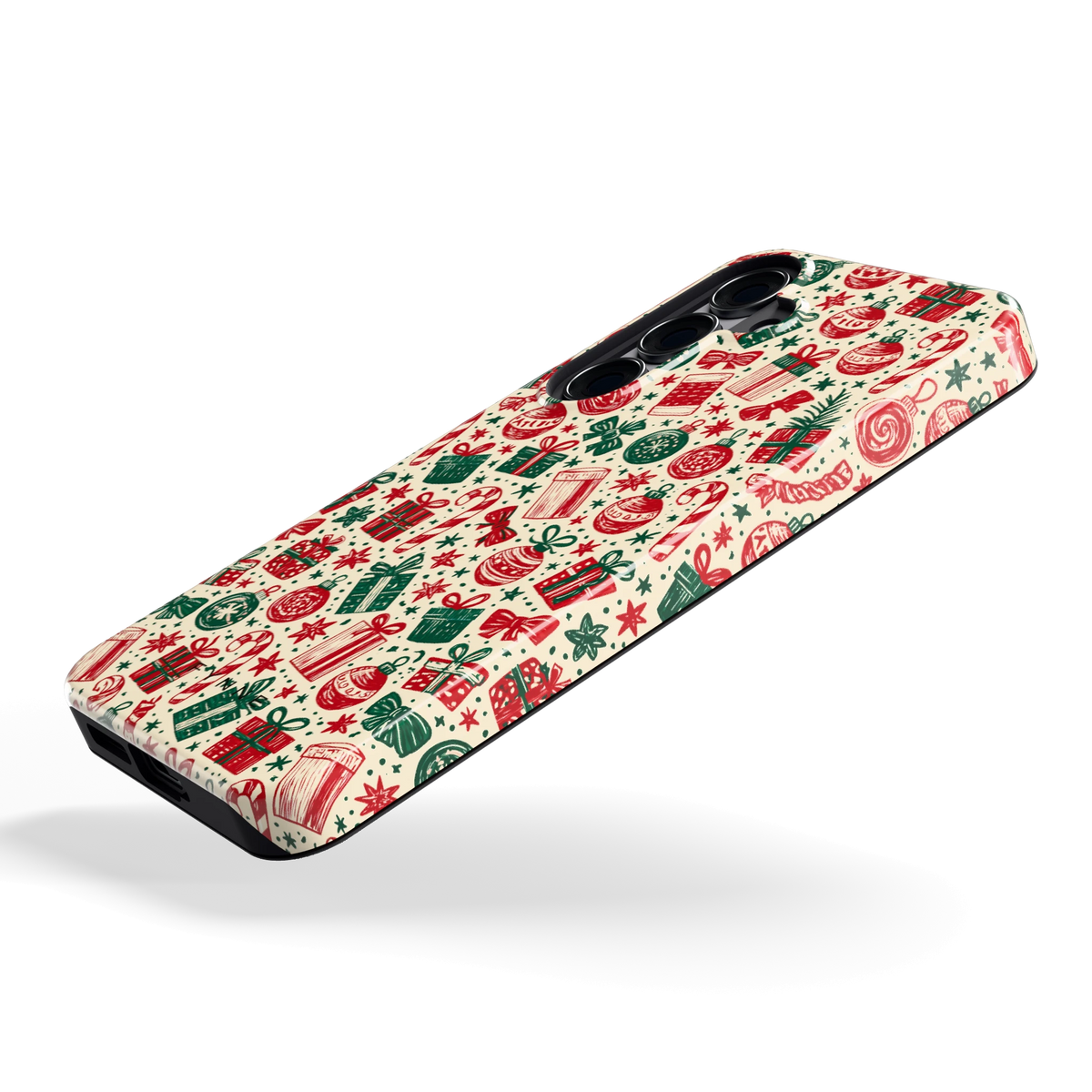 Kerstcadeaus hoesje voor Galaxy S25, schuin