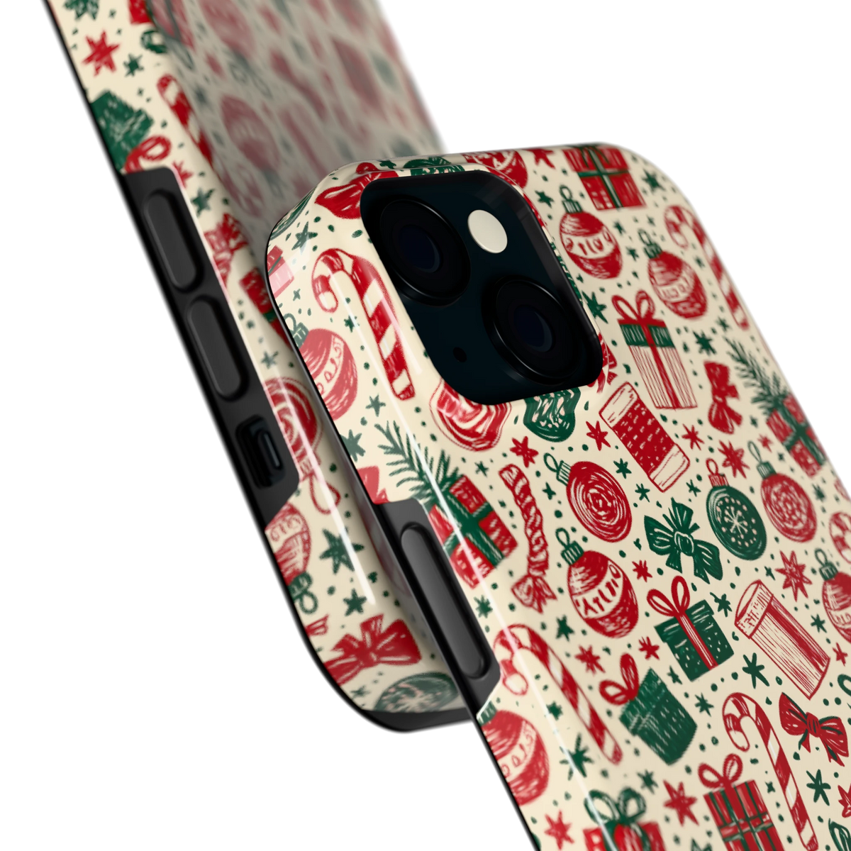 Kerstcadeaus hoesje voor iPhone 15, close-up